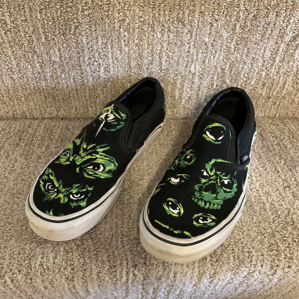 Vans Classic Slip-Ons Eyes in the Dark Black Green Monster Skull Men's Size 7
